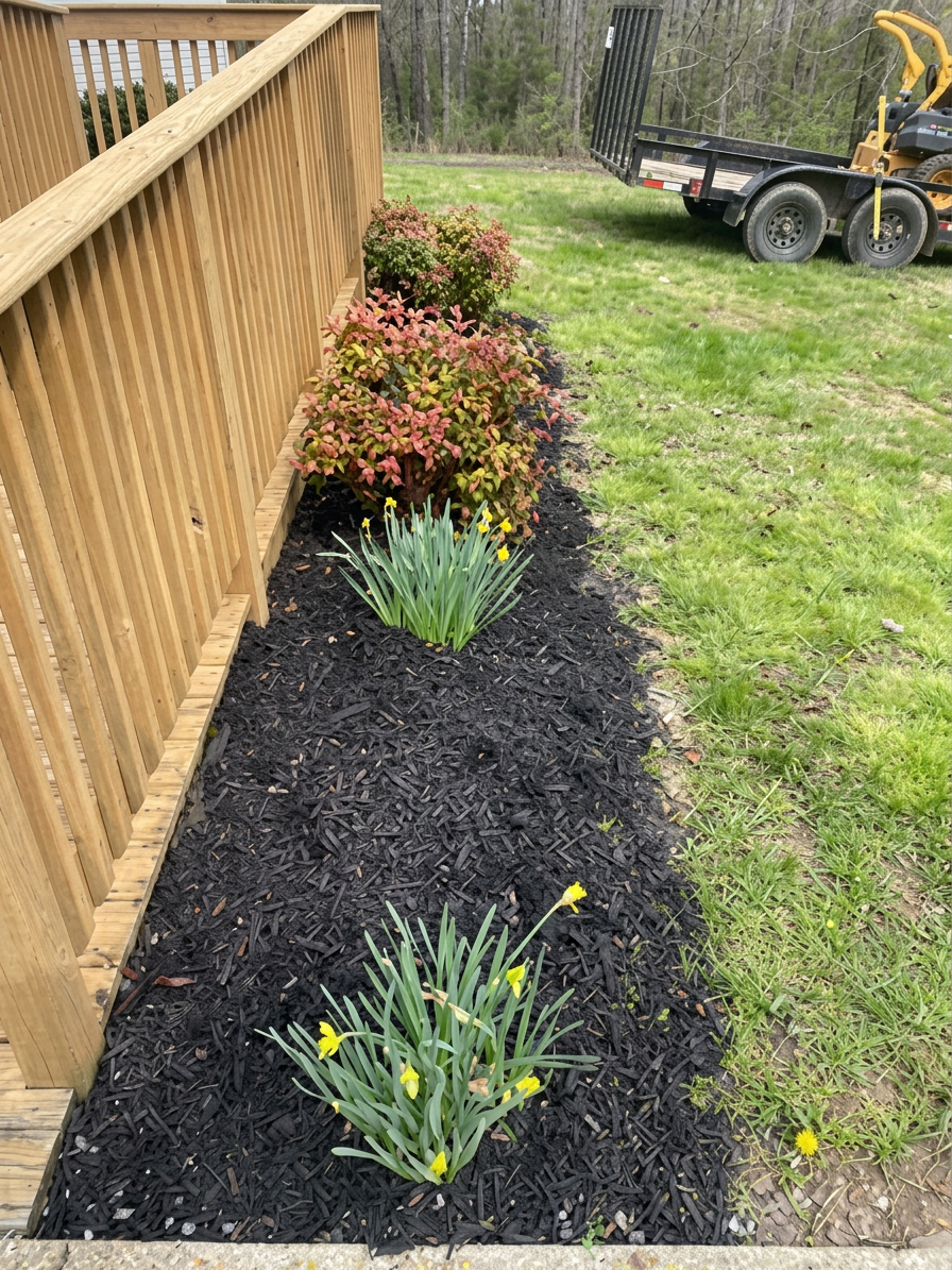 Freshly mulched flower bed along a deck with daffodils